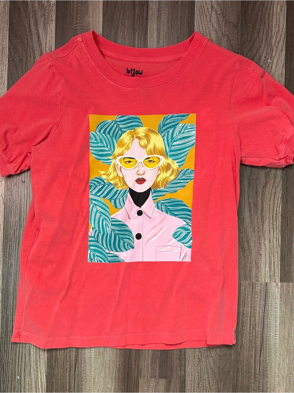 Karma Coral Tee with Yellow Sunglasses & Teal Leaves Graphic